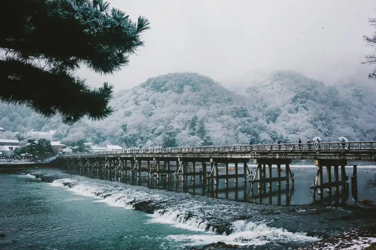 Snowing over the river in Arashiyama, Kyoto Snowing over the river in Arashiyama, Kyoto